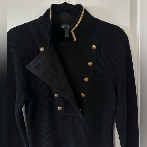 Lauren Ralph Lauren Midi Black Knit Sweater Dress High Collar Gold Accents Sz M - Picture 5 of 11